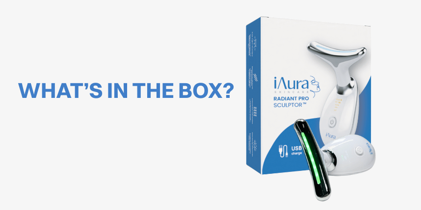 Photo showing iAura Facial Sculptor package and device in front of it