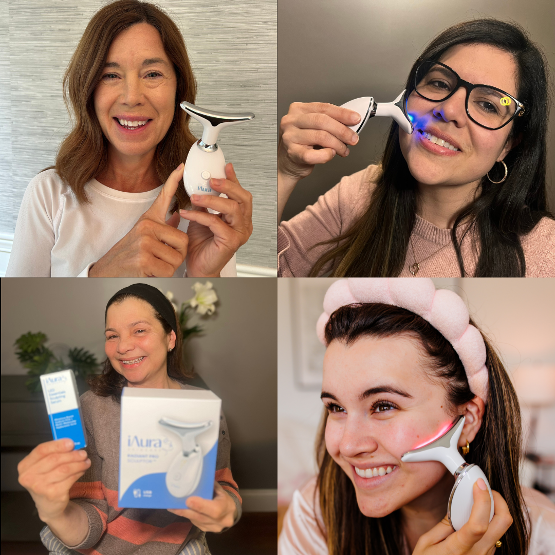 Side profile of a woman showing her dropping chin skin is now much smoother from using the iAura Facial Sculptor